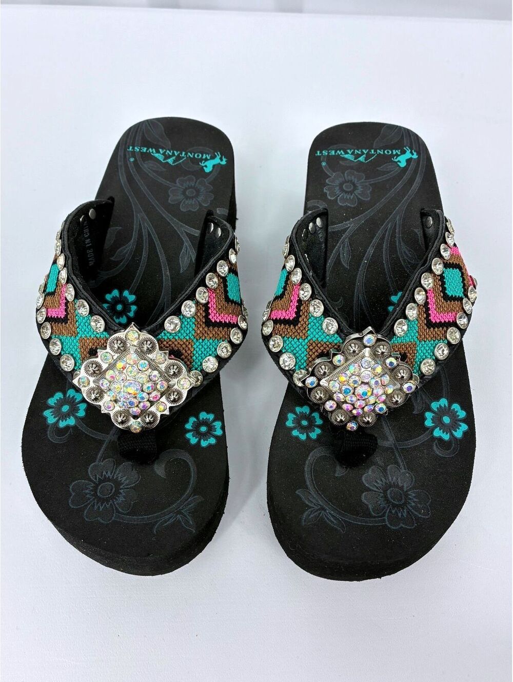 Montana West NWOT Women's Beaded Rhinestone Western Aztec Wedge Sandals Size 8